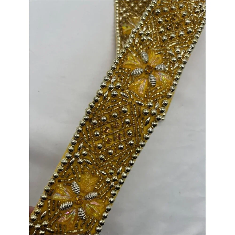 Vintage NWOT 1970s Yellow Gold Beaded Floral Wide Belt